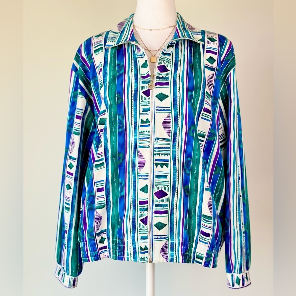 Vintage Funky Pattern Teal Blue Whites Zip Up Bomber Style Jacket